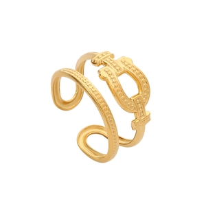 Bague ouverte ajustable dorée avec bandes parallèles et boucle géométrique en forme de U