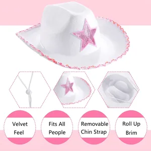White western cowboy hat with pink sequin stars and adjustable chin strap details