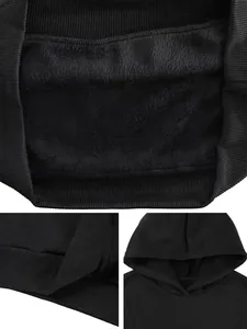 Thick black hooded sweatshirt with soft fleece lining and ribbed hem for winter warmth