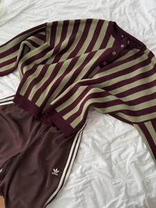 Detail of striped knit sweater with buttons in burgundy and olive green colors