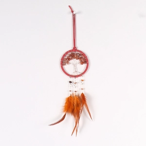 Red Tree of Life dream catcher pendant with orange feathers for car and home decor