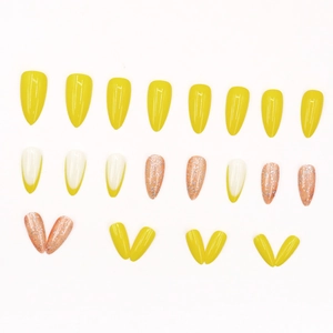 Almond-shaped press-on nail kit featuring bright yellow, French tips, and glitter accents