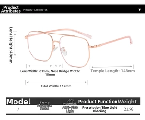 Detailed size chart for rose gold aviator glasses with anti-blue light metal frame dimensions