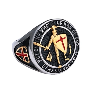 Vintage stainless steel shield rings with Holy Armor of God engravings in four colors