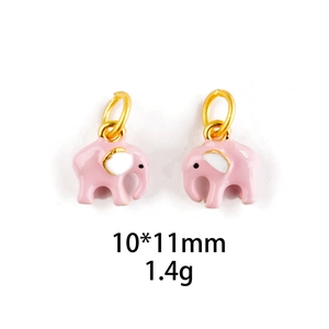 Detail view of pink enamel elephant pendant with 10x11mm size and 1.4g weight specs