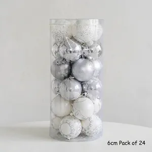 Set of 24 silver and white 6cm Christmas balls in various finishes and patterns