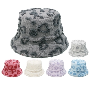 Sherpa Bucket Hat For Women Heart Pattern Plush Faux Fur Warm Winter Windproof Outdoor Casual Headwear