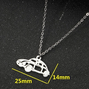 Polished stainless steel car pendant necklace with retro outline and 25mm x 14mm size