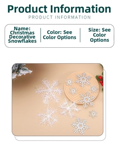 Close-up of decorative Christmas snowflake ornaments with white glitter texture and detail