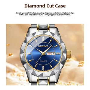 Close-up of DEDIMA men's watch featuring a blue sunray dial and dual calendar display