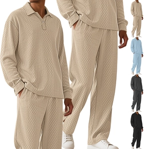 Men Waffle Knit Polo Top And Pants Casual Loungewear Textured Jacquard Long Sleeve Solid Color Lapel Home Wear