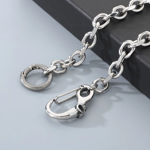 Silver metal punk street style pants chain with skull lobster clasp and textured ring