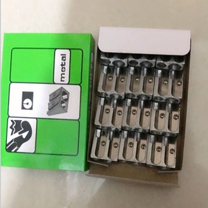 Bulk pack of 12 silver dual-hole aluminum alloy pencil sharpeners in a green storage box