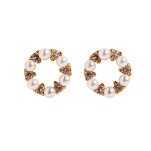 Elegant mini pearl and zircon wreath stud earrings with gold finish on white background