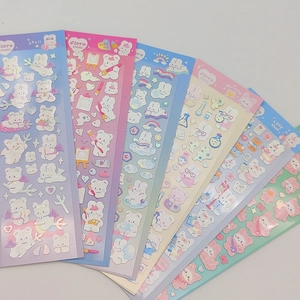 Set of 6 cute Korean-style cartoon bear laser stickers for scrapbooking and DIY crafts