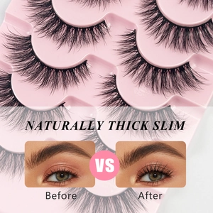7 pairs of naturally thick black eyelashes with before and after comparison view