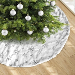 Weiße Weihnachtsbaumdecke aus Kunstpelz mit silbernen Pailletten-Schneeflocken
