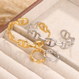 Gold and silver pig nose anchor link jewelry set with bangles and open rings