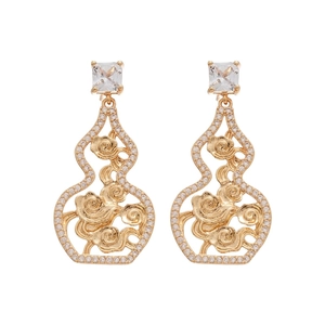 Elegant gold-plated hollow gourd drop earrings with sparkling zircon and filigree pattern