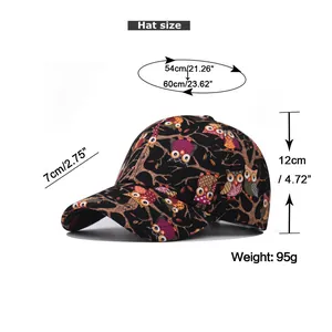 Size guide for woodpecker baseball cap showing head circumference and brim dimensions
