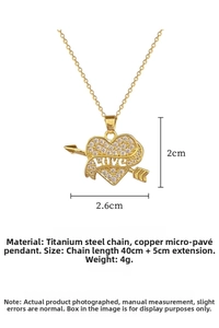 Detailed view of heart arrow pendant with LOVE text and dimension measurements