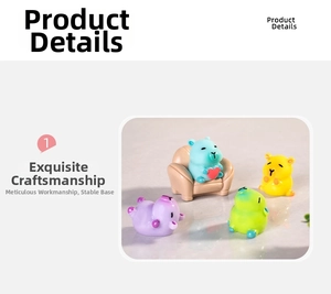 Detailed view of colorful glowing resin capybara figurines with miniature beige sofa