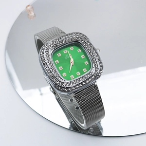 Fashion Women Quartz Watch Square Alloy Case Rhinestone Encrusted Bezel Stainless Steel Mesh Band Luxury Wristwatch