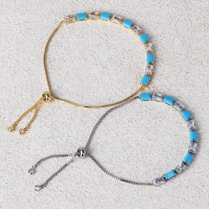 Turquoise And Cubic Zirconia Rectangular Bracelet Brass Adjustable Slider Chain Elegant Hand Jewelry For Women