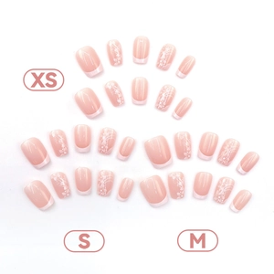 Short French pink gradient press-on nails with white flower patterns in XS S M sizes