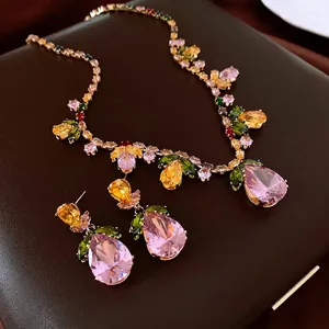 Luxurious zircon waterdrop necklace and earrings set with colorful pear-cut gemstones