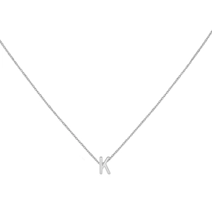 Detailed view of silver minimalist capital letter K pendant on a fine link chain