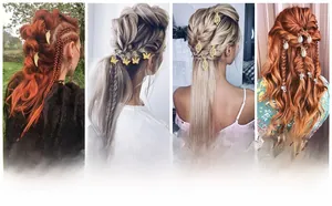 Detail shots of gold leaf, butterfly, and shell charms on various hair braid colors