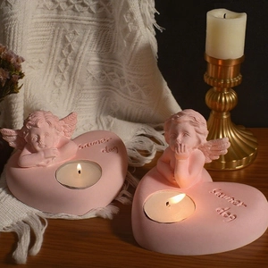 Pink heart-shaped angel candle holder with cupid relief for DIY resin and gypsum crafts