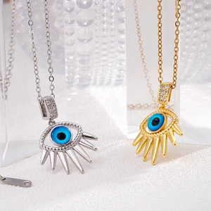 18K gold plated Evil Eye pendant necklace with blue enamel and sparkling zircon accents