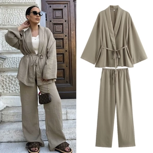 Women Kimono Wrap Top And Wide Leg Pants Solid Color Polyester Linen Texture Tie Waist Casual Streetwear Loungewear