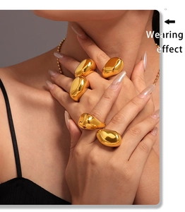 Close-up of irregular gold water drop rings and necklace worn for a stylish look