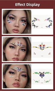Detailed views of facial rhinestone stickers and pearls for festive makeup designs