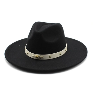 Classic black felt fedora hat with a beige studded leather band for women in British style