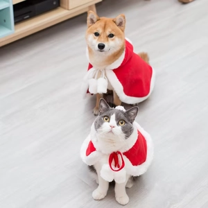 Festive red pet Christmas cloak with white fur trim and pom-poms for cats and small dogs