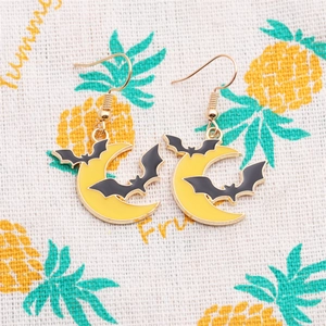 Halloween moon and bat alloy earrings set with yellow enamel finish for women