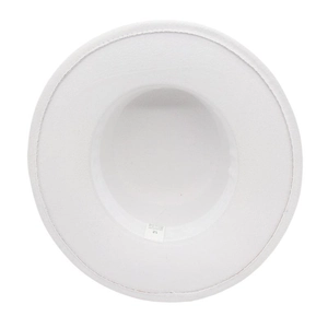 Detailed interior view of white felt fedora hat showing smooth texture and inner wash label