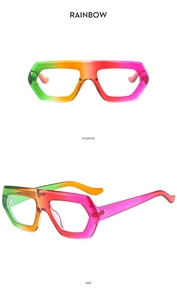 Macro view of gradient rainbow polygonal glasses frames showing side and front details