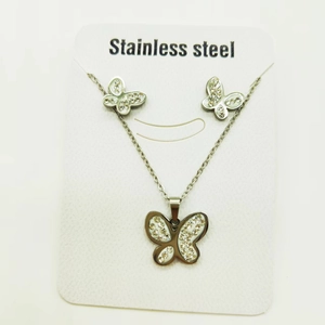 Elegant stainless steel butterfly jewelry set with sparkling rhinestones and silver finish
