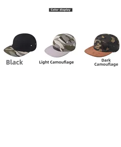 Kleuroverzicht van katoenen five-panel baseballcaps met camouflageklep en ventilatiegaten