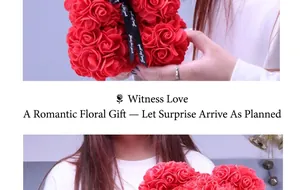 Detailed view of handmade red PE foam rose bear with Just for you black ribbon bow