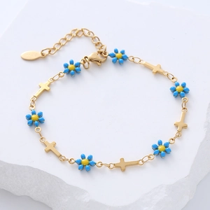 18k gold plated stainless steel bracelet with cross and blue flower charms