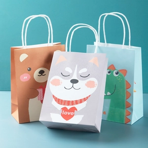 Cartoon animal kraft paper gift bags with bear, dog, and dinosaur designs in a group set