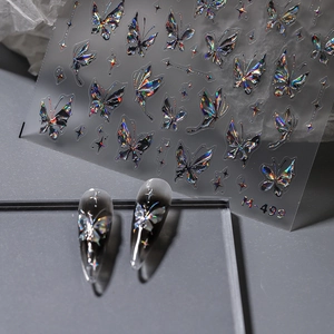 Holographic butterfly nail stickers M-499 with laser star patterns on long fake nails
