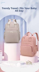 Close-up of beige and pink waterproof nylon diaper backpacks with multiple storage pockets