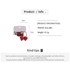 Detailed infographic of 6-piece red heart drop earrings set showing iron and ABS material